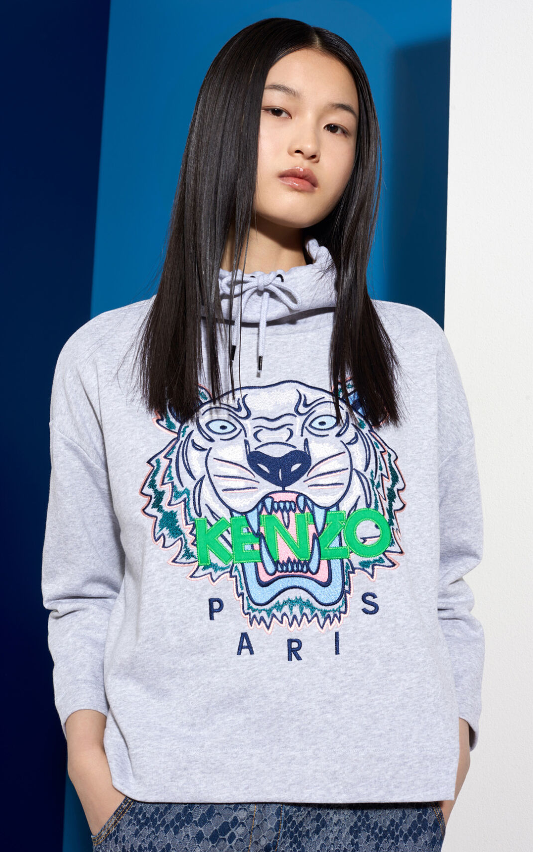 Kenzo Funnel Neck Tiger Sweatshirt Bayan Gri | 9457-IBLUN